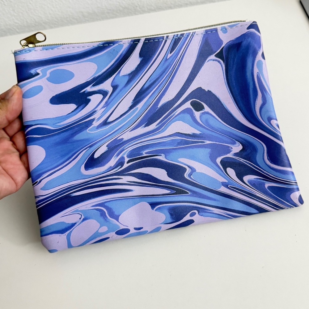 Paper Source‎ Blue Purple Marble Swirl Zipper Pouch PU Leather Makeup Travel Bag